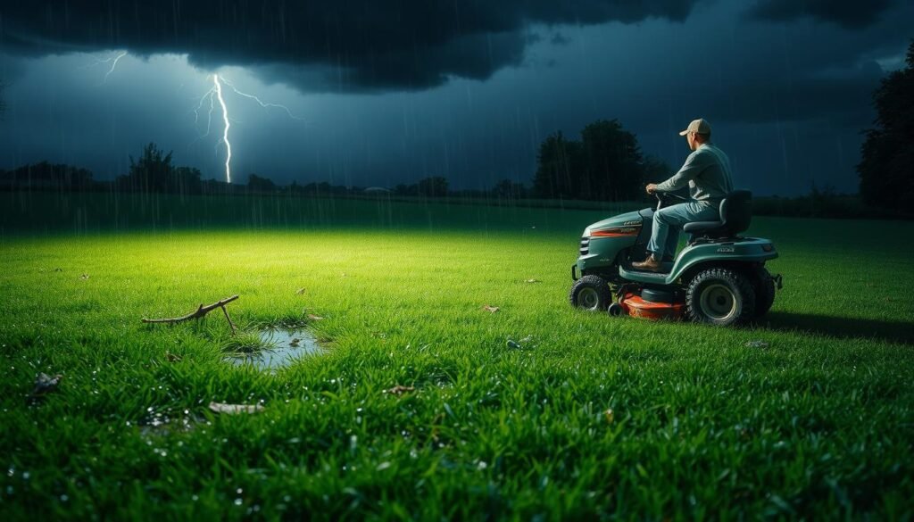 A lush green lawn, glistening with raindrops, serves as the backdrop for a harrowing scene of lawn mower safety hazards. In the foreground, a rider sits atop a powerful mower, oblivious to the puddles of water that could lead to electrical shock or loss of traction. The middle ground reveals loose debris, including sticks and stones, which could be picked up and launched dangerously by the spinning blades. Overhead, dark storm clouds loom, casting an ominous shadow and suggesting the increased risk of lightning strikes. The scene is illuminated by a soft, diffused natural light, creating a sense of urgency and a need for caution. This image aims to vividly convey the perilous conditions of mowing a wet lawn, underscoring the importance of postponing the task until drier, safer conditions prevail.