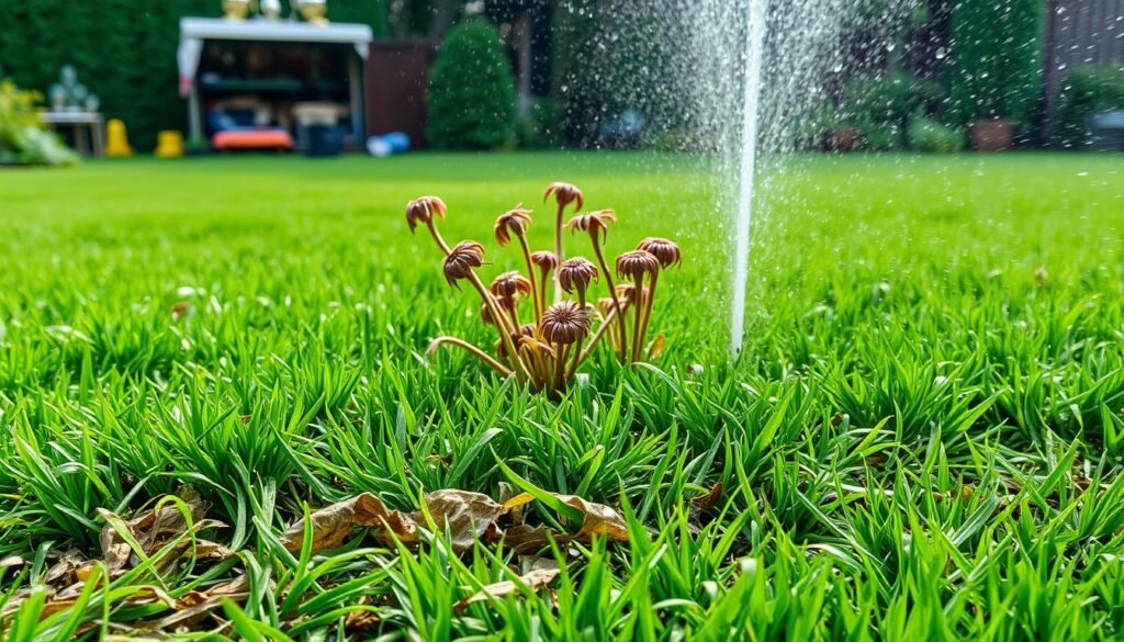 A lush green lawn, its blades glistening with water droplets, as a powerful sprinkler system waters the grass. In the foreground, a thick layer of cut grass clippings lies on the surface, impeding the water's ability to penetrate the soil. In the middle ground, a group of wilted plants struggle to absorb the excess moisture, their leaves drooping with the weight of the water. The background reveals a cluttered garden shed, hinting at the potential for waterlogging and soil compaction from the continuous watering. The overall scene conveys a sense of overwatering and the negative consequences it can have on the lawn's health and the surrounding ecosystem. A lush green lawn, its blades glistening with water droplets, as a powerful sprinkler system waters the grass. In the foreground, a thick layer of cut grass clippings lies on the surface, impeding the water's ability to penetrate the soil. In the middle ground, a group of wilted plants struggle to absorb the excess moisture, their leaves drooping with the weight of the water. The background reveals a cluttered garden shed, hinting at the potential for waterlogging and soil compaction from the continuous watering. The overall scene conveys a sense of overwatering and the negative consequences it can have on the lawn's health and the surrounding ecosystem.