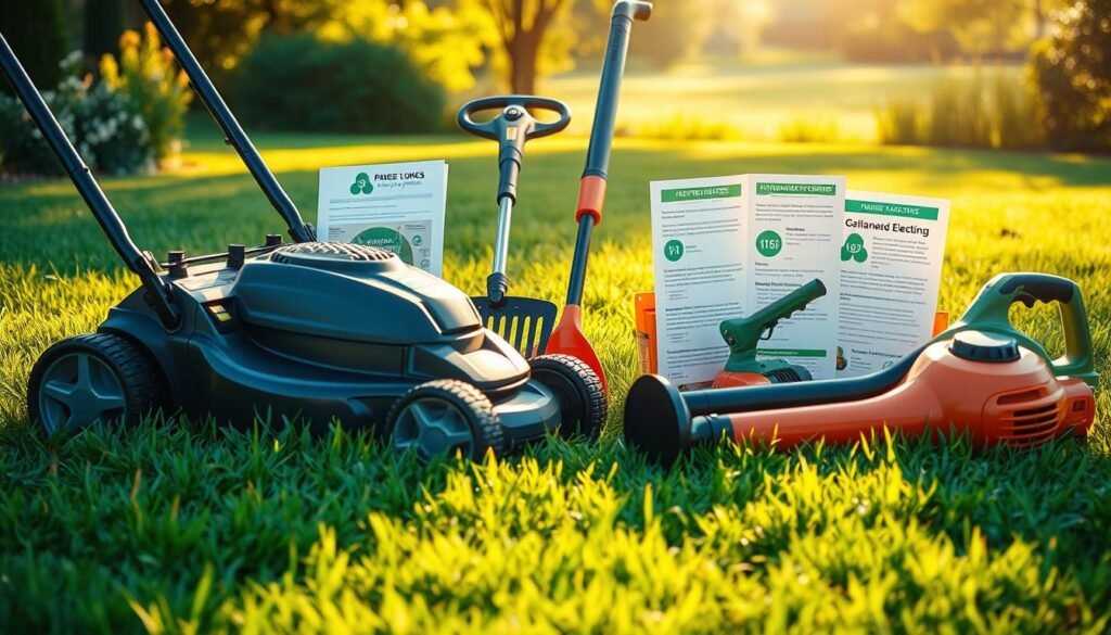 A lush green lawn with a vibrant array of lawn care equipment neatly arranged, bathed in warm, soft lighting. In the foreground, a sleek gas-powered lawn mower, its chrome accents gleaming, surrounded by a cordless electric trimmer, a sturdy garden rake, and a lightweight leaf blower. In the middle ground, a collection of rebate forms and informational brochures, highlighting various financial incentives for upgrading to eco-friendly lawn care tools. The background features a serene, sun-dappled landscape, suggesting the tranquility and satisfaction of a well-maintained outdoor space. A lush green lawn with a vibrant array of lawn care equipment neatly arranged, bathed in warm, soft lighting. In the foreground, a sleek gas-powered lawn mower, its chrome accents gleaming, surrounded by a cordless electric trimmer, a sturdy garden rake, and a lightweight leaf blower. In the middle ground, a collection of rebate forms and informational brochures, highlighting various financial incentives for upgrading to eco-friendly lawn care tools. The background features a serene, sun-dappled landscape, suggesting the tranquility and satisfaction of a well-maintained outdoor space.