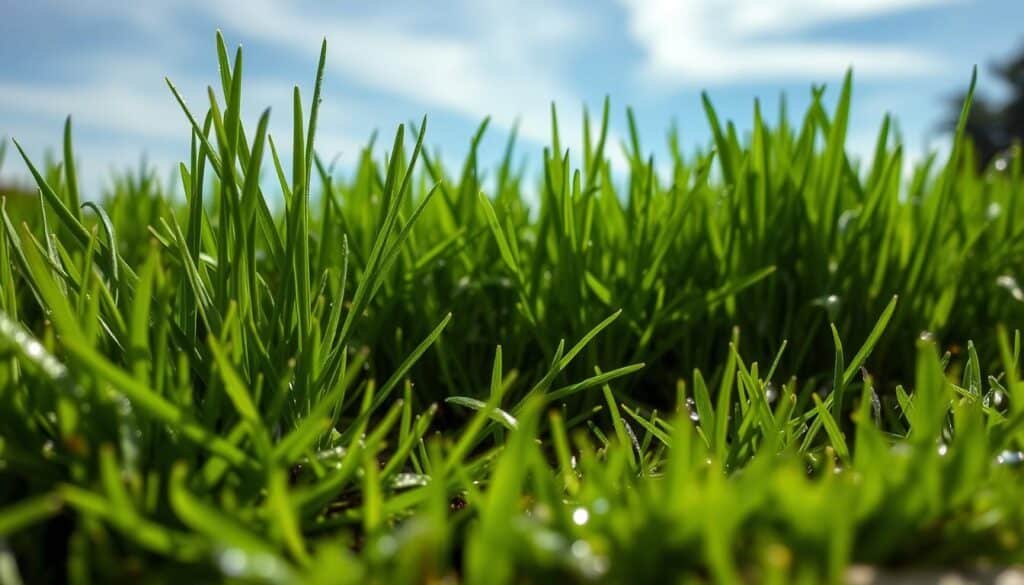 A lush green lawn with newly laid sod, its blades vibrant and upright, glistening with morning dew. The foreground showcases a close-up view of the sod, revealing its delicate root system taking hold in the soil. The middle ground captures a wider perspective, highlighting the uniform texture and color of the freshly installed turf. In the background, a clear blue sky with wispy clouds creates a serene, natural atmosphere. The lighting is soft and diffused, accentuating the verdant hues of the sod. The overall composition conveys a sense of healthy, thriving growth, providing a visual cue for when new sod is ready to be mowed. A lush green lawn with newly laid sod, its blades vibrant and upright, glistening with morning dew. The foreground showcases a close-up view of the sod, revealing its delicate root system taking hold in the soil. The middle ground captures a wider perspective, highlighting the uniform texture and color of the freshly installed turf. In the background, a clear blue sky with wispy clouds creates a serene, natural atmosphere. The lighting is soft and diffused, accentuating the verdant hues of the sod. The overall composition conveys a sense of healthy, thriving growth, providing a visual cue for when new sod is ready to be mowed.