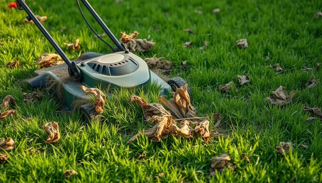 A lush, green lawn with scattered patches of dead, dried-out grass. In the foreground, a lawn mower struggles to cut through the thick, matted thatch, its blades unable to effectively remove the lifeless vegetation. The mower's limitations are evident as it leaves behind stubborn, brown clumps, unable to fully rejuvenate the lawn. Soft, diffused lighting casts long shadows, highlighting the contrast between the vibrant and the withered. The scene conveys the challenges homeowners face in Michigan, where the climate and environmental factors can make it difficult to maintain a pristine, healthy lawn using a standard lawn mower alone.