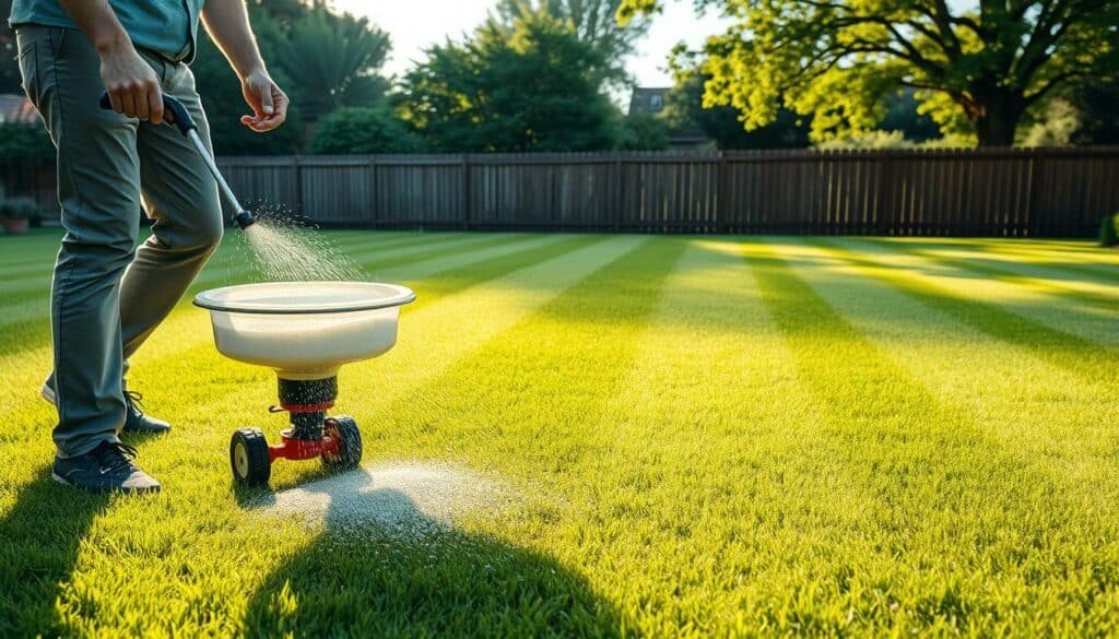A lush, manicured lawn in soft afternoon light. In the foreground, a person in casual attire carefully spreads granular fertilizer using a handheld broadcast spreader, ensuring even coverage. The fertilizer granules catch the sunlight, creating a shimmer across the grass. In the middle ground, freshly mowed stripes criss-cross the lawn, highlighting the vibrant green hue. In the background, a wooden fence and mature trees frame the scene, conveying a sense of tranquility. The composition emphasizes the precision and timing of the fertilizer application, as if capturing a pivotal moment in lawn care. A lush, manicured lawn in soft afternoon light. In the foreground, a person in casual attire carefully spreads granular fertilizer using a handheld broadcast spreader, ensuring even coverage. The fertilizer granules catch the sunlight, creating a shimmer across the grass. In the middle ground, freshly mowed stripes criss-cross the lawn, highlighting the vibrant green hue. In the background, a wooden fence and mature trees frame the scene, conveying a sense of tranquility. The composition emphasizes the precision and timing of the fertilizer application, as if capturing a pivotal moment in lawn care.