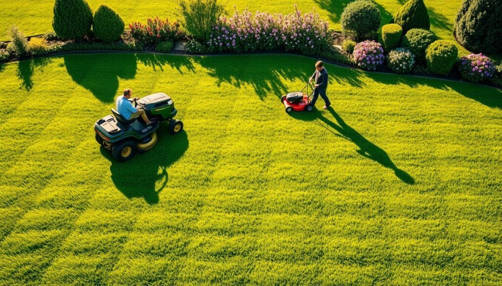 A lush, manicured lawn stretches across the frame, its vibrant green hues illuminated by warm, golden sunlight. In the foreground, a riding lawn mower navigates intricate patterns, leaving behind a meticulously striped surface. The mower's blades slice through the grass with precision, creating a visually striking layout of alternating light and dark bands. The middle ground showcases a gardener carefully guiding a push mower, ensuring even coverage and a clean, uniform finish. In the background, a well-maintained garden with flourishing flowers and shrubs provides a beautiful, complementary backdrop. The scene conveys a sense of order, diligence, and a commitment to cultivating a healthy, visually appealing lawn. A lush, manicured lawn stretches across the frame, its vibrant green hues illuminated by warm, golden sunlight. In the foreground, a riding lawn mower navigates intricate patterns, leaving behind a meticulously striped surface. The mower's blades slice through the grass with precision, creating a visually striking layout of alternating light and dark bands. The middle ground showcases a gardener carefully guiding a push mower, ensuring even coverage and a clean, uniform finish. In the background, a well-maintained garden with flourishing flowers and shrubs provides a beautiful, complementary backdrop. The scene conveys a sense of order, diligence, and a commitment to cultivating a healthy, visually appealing lawn.