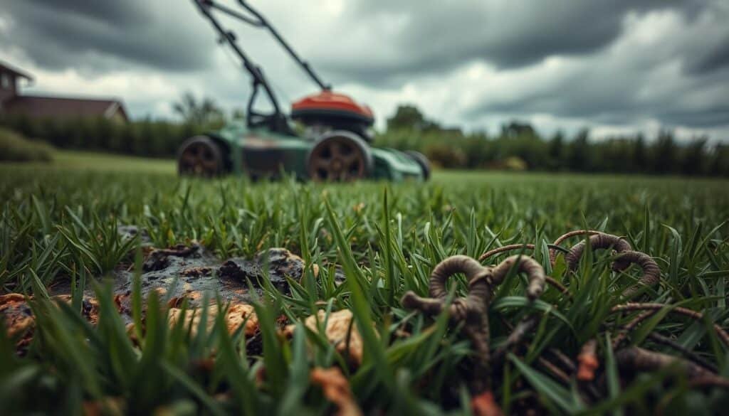 A lush, overgrown lawn, its verdant blades glistening with the remnants of a recent rainfall. In the foreground, distinct patches of discoloration and decay, the telltale signs of lawn diseases brought on by wet mowing. Peering closer, one can see the intricate web of fungal growths, their intricate tendrils spreading across the soil, choking the life from the once-vibrant grass. The middle ground reveals a push mower, its blades caked with mud and organic matter, the culprit responsible for the spreading infection. In the background, a somber, overcast sky, the heavy clouds hinting at the impending storm, a metaphor for the impending doom facing the lawn. Captured with a shallow depth of field, the image evokes a sense of foreboding, a cautionary tale of the risks of mowing in less-than-ideal conditions.