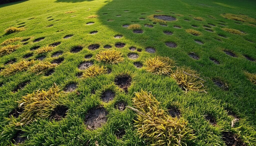 A lush, overgrown lawn with distinct patterns of discoloration and decay. In the foreground, patches of yellowing, wilting grass create an uneven textural landscape. Closer inspection reveals the telltale signs of fungal disease - circular spots of brown and gray, creating a mottled, sickly appearance. The middle ground showcases the gradual transition from healthy green blades to the infected areas, as if the disease is steadily encroaching. In the background, the overall lawn appears dull and lifeless, the vibrant verdure giving way to a subdued, somber palette. The lighting is soft and diffused, casting long shadows that accentuate the undulations of the terrain, creating a sense of melancholy and neglect. Captured with a wide-angle lens to convey the full scope of the lawn's deterioration.
