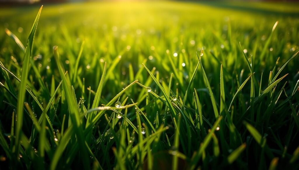 A lush, verdant lawn glistens with droplets of moisture, as the sun's warm rays filter through the atmosphere. In the foreground, blades of grass bend and sway, their tips dampened by the morning dew. Delicate water beads cling to each blade, refracting the light in captivating patterns. In the middle ground, the lawn's texture comes into focus, revealing the intricate interplay between the grass and the moisture that clings to it. Deeper into the scene, the background fades into a soft, hazy blur, emphasizing the attention on the wet grass and its tactile qualities. The overall mood is one of tranquility and scientific intrigue, inviting the viewer to ponder the delicate balance between nature and the art of lawn maintenance. A lush, verdant lawn glistens with droplets of moisture, as the sun's warm rays filter through the atmosphere. In the foreground, blades of grass bend and sway, their tips dampened by the morning dew. Delicate water beads cling to each blade, refracting the light in captivating patterns. In the middle ground, the lawn's texture comes into focus, revealing the intricate interplay between the grass and the moisture that clings to it. Deeper into the scene, the background fades into a soft, hazy blur, emphasizing the attention on the wet grass and its tactile qualities. The overall mood is one of tranquility and scientific intrigue, inviting the viewer to ponder the delicate balance between nature and the art of lawn maintenance.