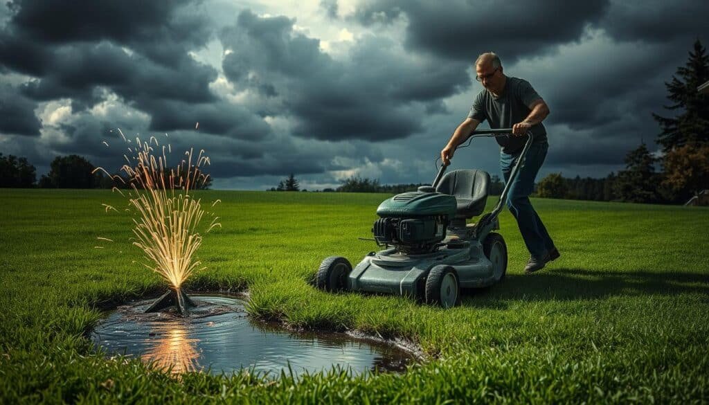 A lush, verdant lawn lies before the viewer, but ominous clouds loom overhead. In the foreground, a malfunctioning lawn mower spews sparks, its blade dangerously exposed. Nearby, a puddle of water glistens, a treacherous obstacle. The mower's operator, oblivious to the risks, pushes the machine recklessly forward. Dramatic chiaroscuro lighting casts deep shadows, heightening the sense of danger. The scene is a cautionary tale, a vivid depiction of the real hazards of mowing wet grass - a sobering reminder of the importance of safety and vigilance in lawn care.
