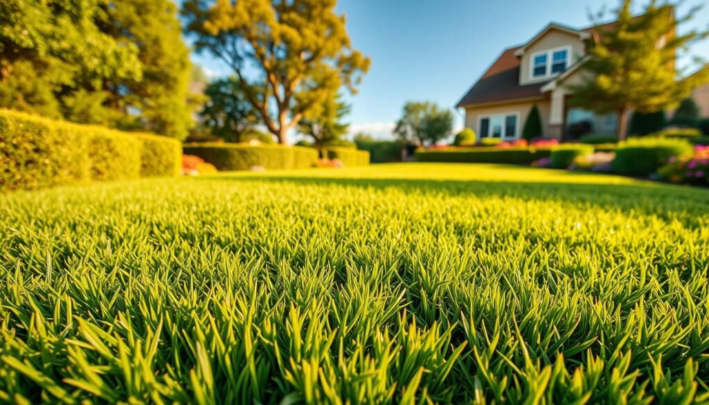 A lush, verdant lawn of freshly laid sod stretches across the foreground, its vibrant green blades glistening in the warm, golden sunlight. The texture of the individual grass strands is detailed and natural, creating a sense of depth and realism. In the middle ground, the lawn transitions seamlessly into a well-manicured garden, with neatly trimmed hedges and colorful flowers adding pops of color. The background features a picturesque suburban landscape, with a cozy two-story house, well-maintained trees, and a clear, blue sky above, conveying a sense of tranquility and domestic bliss. The overall scene is captured with a wide-angle lens, providing a comprehensive, panoramic view that invites the viewer to imagine themselves in this idyllic setting.