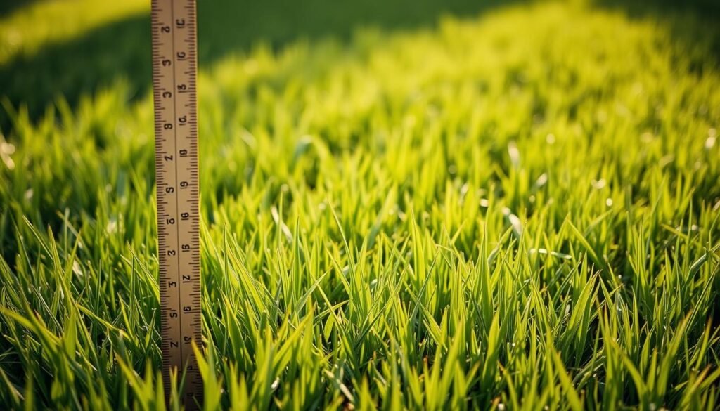A lush, verdant lawn stretches out before the viewer, its blades of grass gently swaying in a soft breeze. In the foreground, a ruler or measuring device stands upright, its markings clearly visible, allowing the viewer to gauge the height of the new grass. The lighting is natural and soft, casting a warm, golden glow across the scene. The image is captured at a low angle, emphasizing the height and texture of the grass while providing a clear view of the measurement tool. The overall mood is one of tranquility and attention to detail, conveying the importance of timing and monitoring the growth of new grass. A lush, verdant lawn stretches out before the viewer, its blades of grass gently swaying in a soft breeze. In the foreground, a ruler or measuring device stands upright, its markings clearly visible, allowing the viewer to gauge the height of the new grass. The lighting is natural and soft, casting a warm, golden glow across the scene. The image is captured at a low angle, emphasizing the height and texture of the grass while providing a clear view of the measurement tool. The overall mood is one of tranquility and attention to detail, conveying the importance of timing and monitoring the growth of new grass.