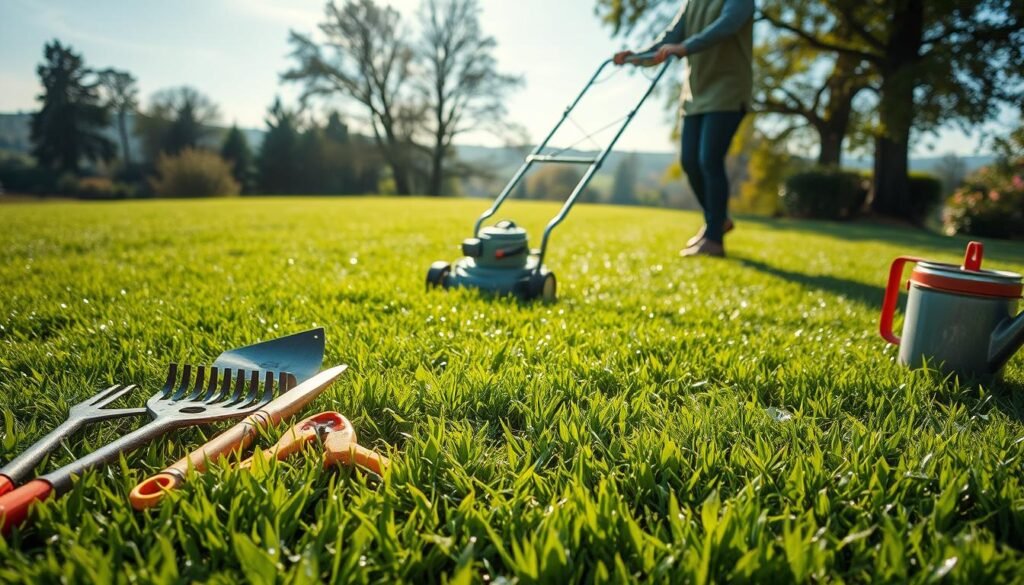 A lush, verdant lawn stretches out, glistening with dew. In the foreground, a freshly sharpened lawn mower sits poised, its sleek silver blades reflecting the soft, ambient lighting. Surrounding it, a variety of gardening tools - a rake, pruning shears, and a watering can - are neatly arranged, ready for the task at hand. The middle ground reveals a person, clad in weatherproof attire, carefully maneuvering the mower through the wet grass, leaving behind a trail of perfectly even, neatly trimmed blades. In the background, a picturesque landscape unfolds, with towering trees and a clear, blue sky, creating a serene and inviting atmosphere. A lush, verdant lawn stretches out, glistening with dew. In the foreground, a freshly sharpened lawn mower sits poised, its sleek silver blades reflecting the soft, ambient lighting. Surrounding it, a variety of gardening tools - a rake, pruning shears, and a watering can - are neatly arranged, ready for the task at hand. The middle ground reveals a person, clad in weatherproof attire, carefully maneuvering the mower through the wet grass, leaving behind a trail of perfectly even, neatly trimmed blades. In the background, a picturesque landscape unfolds, with towering trees and a clear, blue sky, creating a serene and inviting atmosphere.