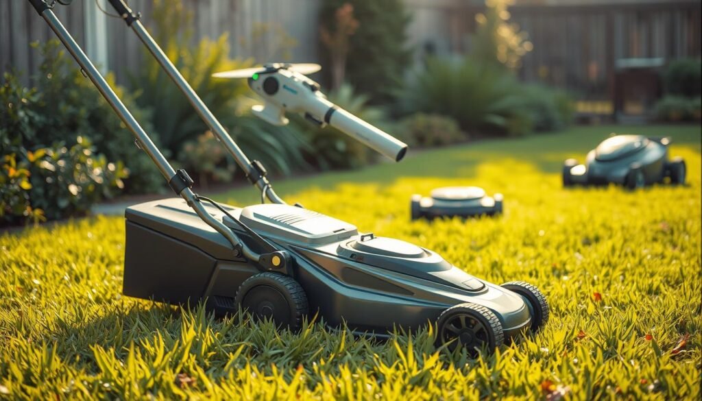 A meticulously crafted scene depicting a vibrant array of electric lawn equipment alternatives. In the foreground, a sleek cordless lawn mower glides effortlessly across a lush green lawn, its electric motor whirring softly. In the middle ground, a battery-powered leaf blower hovers, ready to tidy up fallen foliage. In the background, a robotic lawn mower navigates autonomously, its sensors mapping the terrain. Warm, natural lighting casts a pleasant glow, accentuating the clean, modern designs of the equipment. The overall atmosphere conveys a sense of environmental harmony and technological innovation, reflecting the promise of sustainable, emissions-free lawn care solutions.