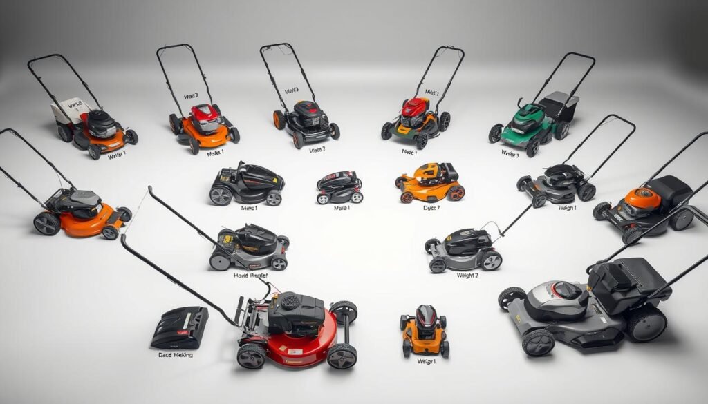 A meticulously detailed comparison of various lawn mowers, captured in a clean and informative visual. A well-lit, high-quality studio setup showcases an array of lawn mowers, each clearly labeled with its make, model, and weight specifications. The mowers are arranged in a symmetrical grid, allowing for easy side-by-side comparison. The background is a subtle, neutral tone, placing the focus squarely on the lawn mowers. Precise camera angles and lighting ensure optimal visibility of each mower's key features and dimensions. The overall atmosphere is one of authority and professionalism, befitting the comprehensive nature of the comparison. A meticulously detailed comparison of various lawn mowers, captured in a clean and informative visual. A well-lit, high-quality studio setup showcases an array of lawn mowers, each clearly labeled with its make, model, and weight specifications. The mowers are arranged in a symmetrical grid, allowing for easy side-by-side comparison. The background is a subtle, neutral tone, placing the focus squarely on the lawn mowers. Precise camera angles and lighting ensure optimal visibility of each mower's key features and dimensions. The overall atmosphere is one of authority and professionalism, befitting the comprehensive nature of the comparison.
