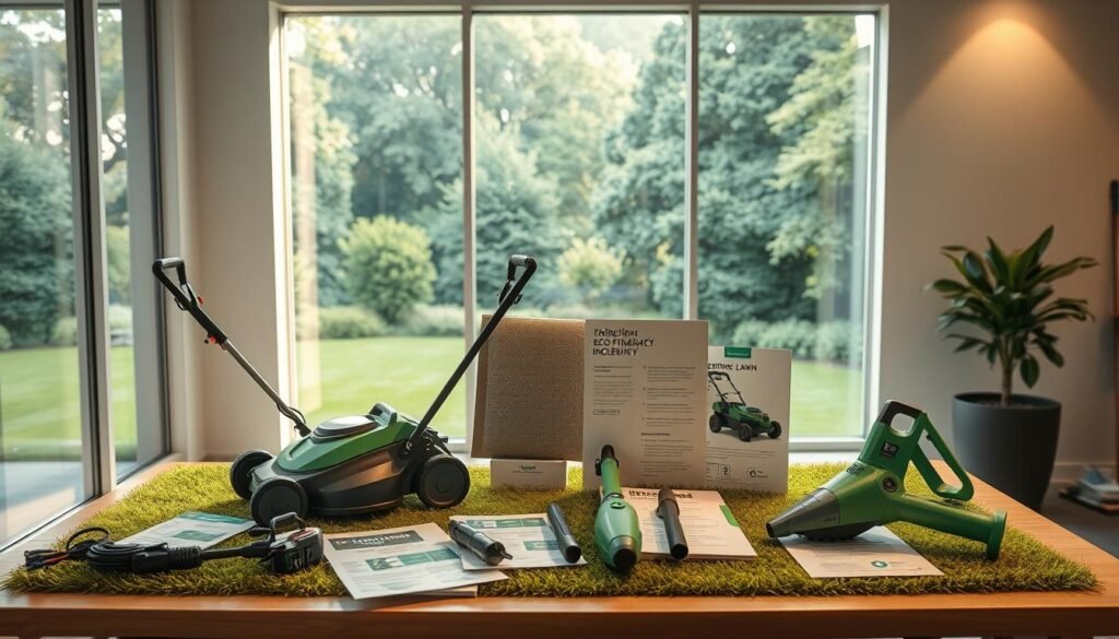 A modern, well-lit interior office space with a large window overlooking a lush, verdant outdoor landscape. On the desk, an assortment of electric lawn equipment, including a cordless mower, trimmer, and blower, accompanied by informational brochures and financial incentive documents. The lighting is warm and inviting, casting a gentle glow on the scene. The overall atmosphere conveys a sense of environmental responsibility and the financial benefits of transitioning to eco-friendly lawn care solutions.