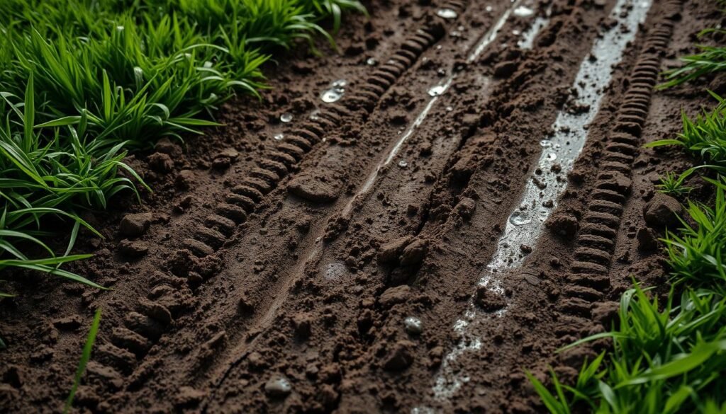A muddy, compacted soil surface, with visible tire tracks and footprints pressing into the ground. Lush, damp grass surrounds the affected area, its vibrant green hue contrasting with the churned-up, rutted earth. Gentle rain falls, droplets glistening on the soil and vegetation. Soft, diffused lighting illuminates the scene, casting long shadows and creating a moody, atmospheric effect. The composition emphasizes the impact of walking and mowing on wet, soft soil, conveying the detrimental effects on lawn health and soil structure.