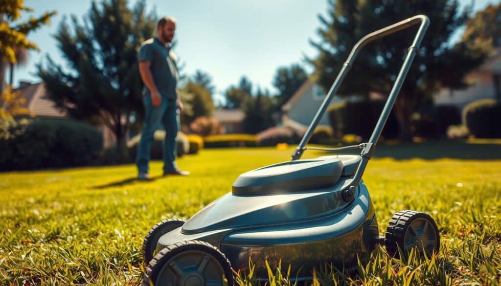 A neatly arranged lawn mower sits on a well-manicured lawn, its gleaming metal surface reflecting the warm afternoon sunlight. The mower stands in the foreground, its clean lines and sharp blades suggesting it is in perfect working order. In the middle ground, a person stands nearby, examining the mower with a thoughtful expression, considering whether to purchase or accept it as a donation. The background is a tranquil suburban setting, with lush greenery and a clear blue sky, creating a peaceful and inviting atmosphere.