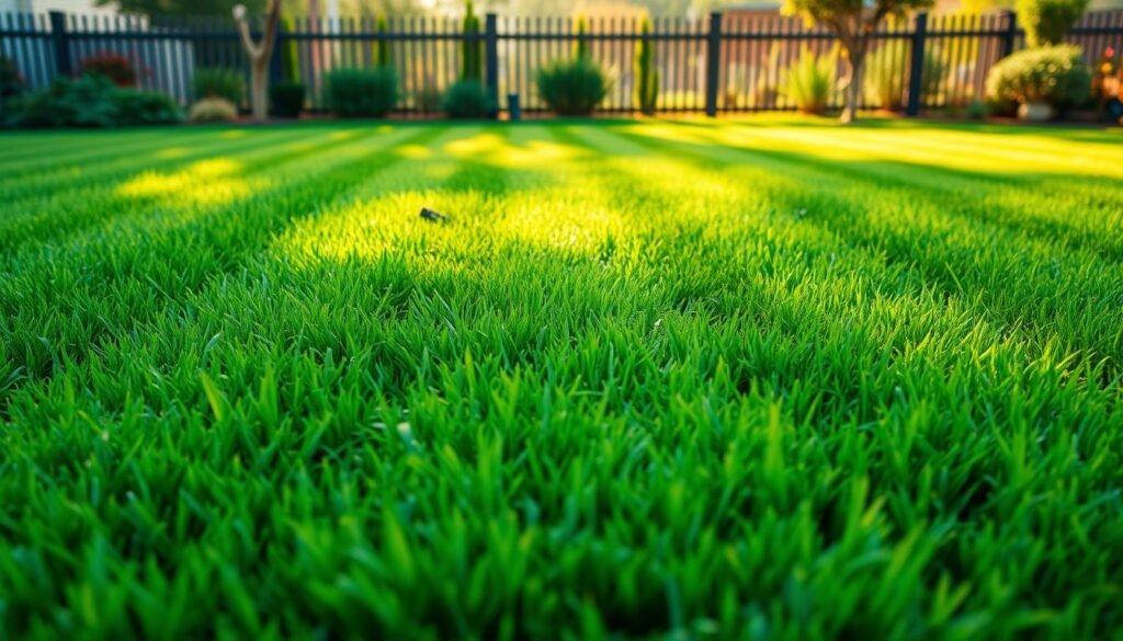 A neatly organized lawn mowing pattern guide, showcasing a meticulously mowed lawn with a distinct striped pattern. The foreground depicts a vibrant, lush green grass surface, freshly cut with a sharp lawnmower. The middle ground features a series of parallel lines, forming a visually appealing striped pattern, illuminated by warm, directional sunlight casting soft shadows. The background suggests a tranquil suburban setting, with a well-maintained fence or landscaping elements providing context. The overall scene conveys a sense of order, attention to detail, and a commitment to maintaining a healthy, visually appealing new lawn. A neatly organized lawn mowing pattern guide, showcasing a meticulously mowed lawn with a distinct striped pattern. The foreground depicts a vibrant, lush green grass surface, freshly cut with a sharp lawnmower. The middle ground features a series of parallel lines, forming a visually appealing striped pattern, illuminated by warm, directional sunlight casting soft shadows. The background suggests a tranquil suburban setting, with a well-maintained fence or landscaping elements providing context. The overall scene conveys a sense of order, attention to detail, and a commitment to maintaining a healthy, visually appealing new lawn.