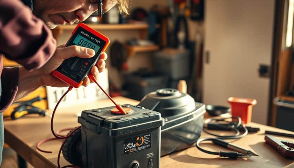 A person intently testing the voltage of a lawn mower battery using a digital multimeter in a well-lit, workshop-like setting. The battery rests on a clean, organized workbench, surrounded by various tools and equipment. Warm, natural lighting casts soft shadows, highlighting the focus and precision of the task at hand. The multimeter display is clearly visible, showcasing the exact voltage reading. The overall scene conveys a sense of methodical problem-solving and technical expertise. A person intently testing the voltage of a lawn mower battery using a digital multimeter in a well-lit, workshop-like setting. The battery rests on a clean, organized workbench, surrounded by various tools and equipment. Warm, natural lighting casts soft shadows, highlighting the focus and precision of the task at hand. The multimeter display is clearly visible, showcasing the exact voltage reading. The overall scene conveys a sense of methodical problem-solving and technical expertise.