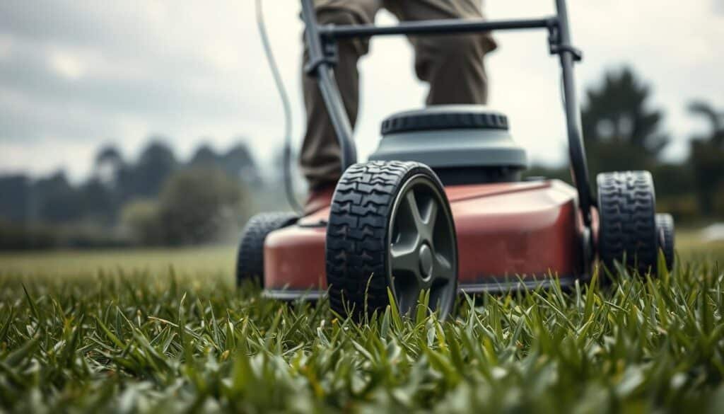 A person meticulously mowing a lush, dewy lawn after a recent rain, their face set with determined focus. The foreground shows their sturdy boots and the lawnmower's wheels gliding smoothly over the wet grass. The middle ground captures the person's body in profile, their arms guiding the mower with confident, practiced motions. The background reveals a tranquil, overcast sky, the air heavy with the earthy scent of freshly cut grass. The scene is bathed in a soft, natural light that accentuates the verdant hues of the lawn and the person's thoughtful expression as they approach this task with care and precision. A person meticulously mowing a lush, dewy lawn after a recent rain, their face set with determined focus. The foreground shows their sturdy boots and the lawnmower's wheels gliding smoothly over the wet grass. The middle ground captures the person's body in profile, their arms guiding the mower with confident, practiced motions. The background reveals a tranquil, overcast sky, the air heavy with the earthy scent of freshly cut grass. The scene is bathed in a soft, natural light that accentuates the verdant hues of the lawn and the person's thoughtful expression as they approach this task with care and precision.