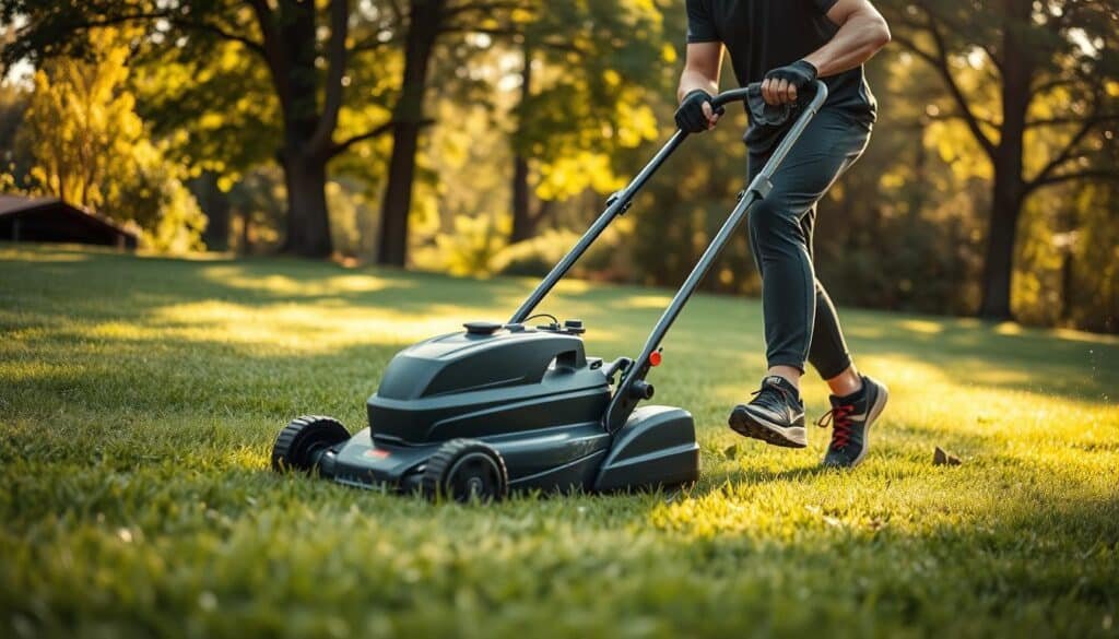 A person mowing the lawn with an electric lawnmower, dressed in workout clothes and protective gear. The person's face is not visible, but their body movements and the muscular exertion are clearly depicted. The lawn is lush and green, with sunlight filtering through the trees in the background, creating a warm, natural atmosphere. The image highlights the full-body workout involved in lawn mowing, showcasing the physical benefits of this everyday task. A person mowing the lawn with an electric lawnmower, dressed in workout clothes and protective gear. The person's face is not visible, but their body movements and the muscular exertion are clearly depicted. The lawn is lush and green, with sunlight filtering through the trees in the background, creating a warm, natural atmosphere. The image highlights the full-body workout involved in lawn mowing, showcasing the physical benefits of this everyday task.