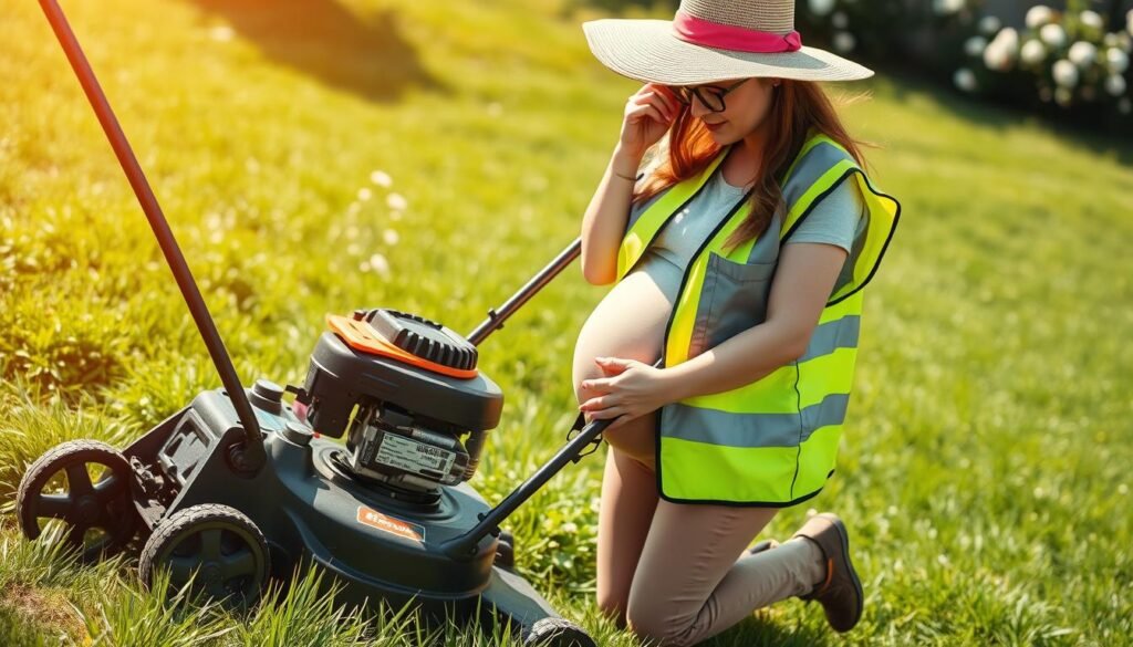 A pregnant woman in a sunny backyard, carefully examining a modern push lawn mower. She is outfitted in a high-visibility safety vest, sturdy work boots, and a wide-brimmed hat that shields her face. The mower's deck is meticulously cleaned, and the blade is freshly sharpened. In the background, lush green grass and blooming flowers create a peaceful, nurturing atmosphere. Soft, diffused lighting accentuates the scene, conveying a sense of care and attention to detail. The composition emphasizes the woman's focused and deliberate approach to mowing safely during her pregnancy. A pregnant woman in a sunny backyard, carefully examining a modern push lawn mower. She is outfitted in a high-visibility safety vest, sturdy work boots, and a wide-brimmed hat that shields her face. The mower's deck is meticulously cleaned, and the blade is freshly sharpened. In the background, lush green grass and blooming flowers create a peaceful, nurturing atmosphere. Soft, diffused lighting accentuates the scene, conveying a sense of care and attention to detail. The composition emphasizes the woman's focused and deliberate approach to mowing safely during her pregnancy.
