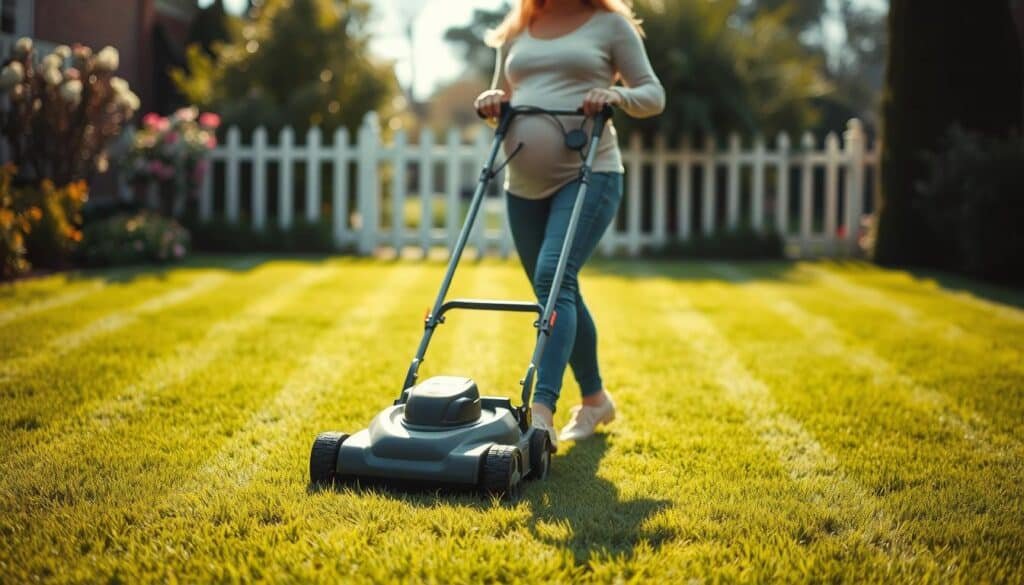 A pregnant woman mowing a lush green lawn on a sunny afternoon. In the foreground, she is pushing a modern push mower, her baby bump visible. The middle ground shows the freshly mowed grass, creating a striped pattern. In the background, a well-manicured garden with blooming flowers and a picket fence frames the scene. The lighting is soft and warm, creating a peaceful, domestic atmosphere. The camera angle is slightly low, capturing the woman's determined expression as she navigates the task with care and caution. A pregnant woman mowing a lush green lawn on a sunny afternoon. In the foreground, she is pushing a modern push mower, her baby bump visible. The middle ground shows the freshly mowed grass, creating a striped pattern. In the background, a well-manicured garden with blooming flowers and a picket fence frames the scene. The lighting is soft and warm, creating a peaceful, domestic atmosphere. The camera angle is slightly low, capturing the woman's determined expression as she navigates the task with care and caution.