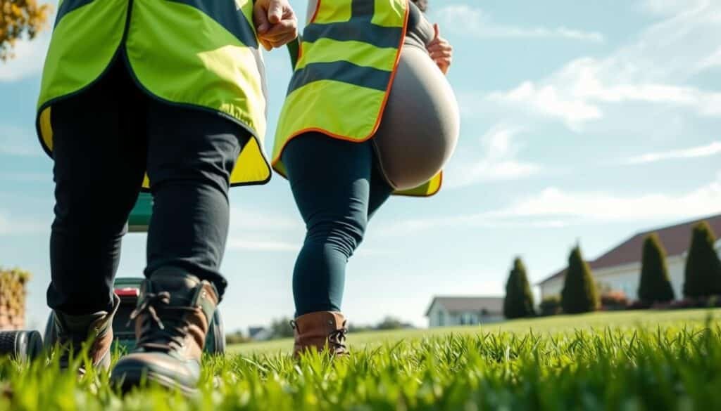 A pregnant woman mowing a lush green lawn, wearing a high-visibility safety vest and sturdy boots. In the foreground, her hands firmly grip the lawn mower's handles, her movements slow and deliberate. The middle ground shows a well-manicured yard, with carefully trimmed edges and neatly stacked grass clippings. The background features a clear blue sky, with a few wispy clouds, conveying a sense of tranquility and safety. The lighting is soft and diffused, creating gentle shadows that highlight the woman's cautious steps. The overall scene radiates an atmosphere of responsible lawn care, where the pregnant woman's safety is the top priority. A pregnant woman mowing a lush green lawn, wearing a high-visibility safety vest and sturdy boots. In the foreground, her hands firmly grip the lawn mower's handles, her movements slow and deliberate. The middle ground shows a well-manicured yard, with carefully trimmed edges and neatly stacked grass clippings. The background features a clear blue sky, with a few wispy clouds, conveying a sense of tranquility and safety. The lighting is soft and diffused, creating gentle shadows that highlight the woman's cautious steps. The overall scene radiates an atmosphere of responsible lawn care, where the pregnant woman's safety is the top priority.