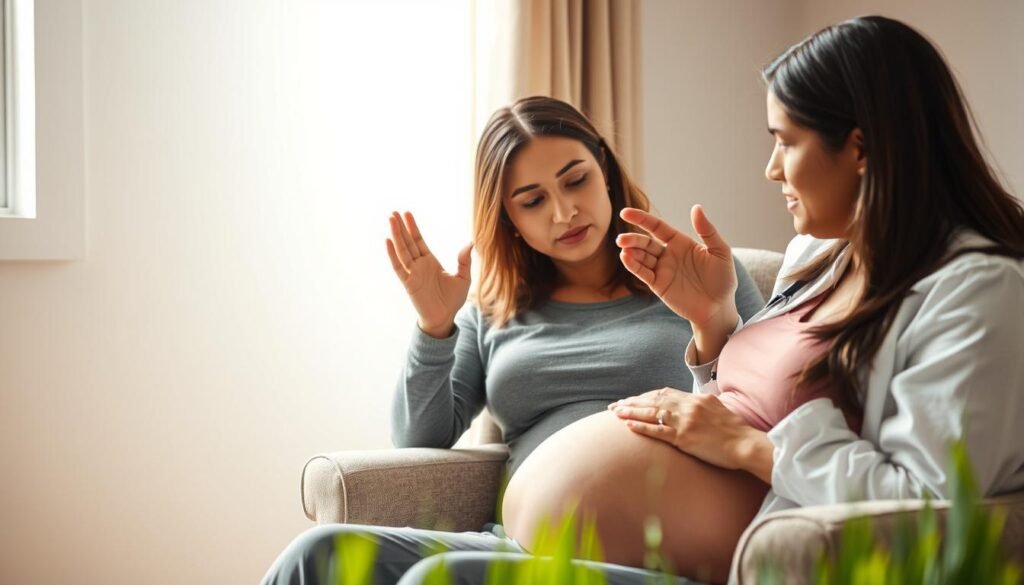 A pregnant woman sits in a comfortable armchair, consulting a healthcare provider about lawn care. The woman's expression is one of concern and curiosity, as the provider gestures with their hands, explaining something intently. The room is well-lit, with soft, natural lighting filtering in from a nearby window. The walls are a soothing neutral color, creating a calming atmosphere. The woman's belly is gently rounded, indicating her advanced stage of pregnancy. The provider's attire suggests a professional medical setting, while the woman's clothing is casual and relaxed. The scene captures a thoughtful, informative conversation about the important considerations for a pregnant woman tending to her lawn. A pregnant woman sits in a comfortable armchair, consulting a healthcare provider about lawn care. The woman's expression is one of concern and curiosity, as the provider gestures with their hands, explaining something intently. The room is well-lit, with soft, natural lighting filtering in from a nearby window. The walls are a soothing neutral color, creating a calming atmosphere. The woman's belly is gently rounded, indicating her advanced stage of pregnancy. The provider's attire suggests a professional medical setting, while the woman's clothing is casual and relaxed. The scene captures a thoughtful, informative conversation about the important considerations for a pregnant woman tending to her lawn.