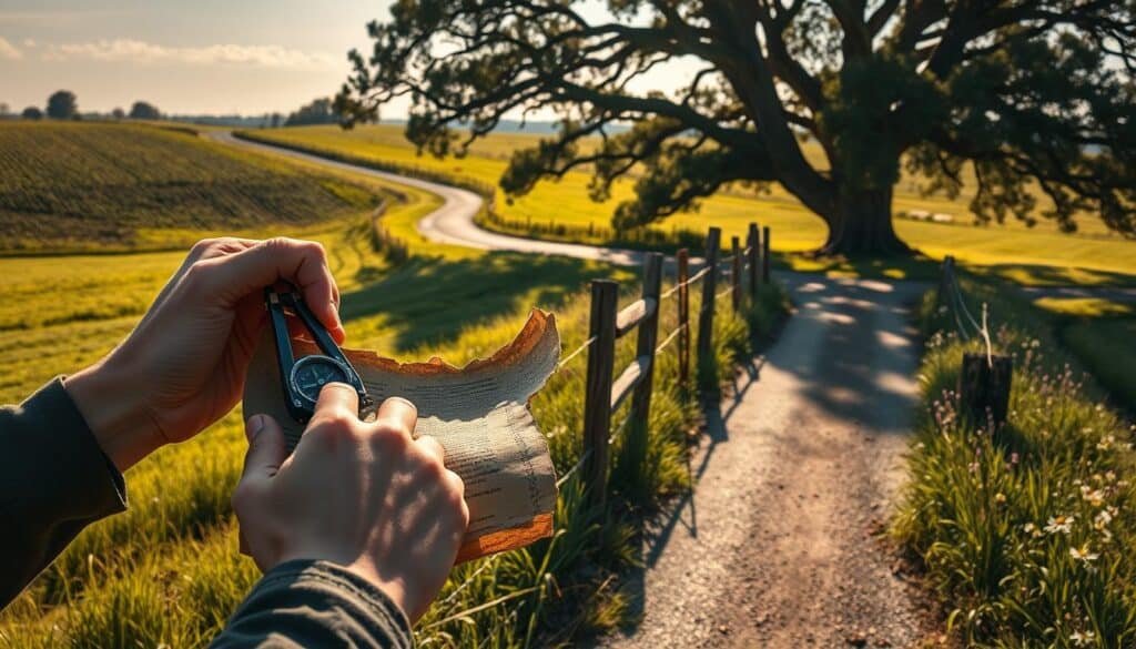 A serene rural landscape, with a winding country road cutting through verdant fields. In the foreground, a pair of hands carefully measuring the boundary between two properties, using a surveyor's compass and a worn, leather-bound legal document. The mid-ground depicts a weathered wooden fence, partially obscured by tall grass and wildflowers, hinting at the passage of time and the blurring of property lines. In the background, a majestic oak tree casts long shadows across the scene, symbolizing the enduring nature of the legal principle of adverse possession. The lighting is soft and golden, creating a contemplative atmosphere, as if inviting the viewer to ponder the complexities of land ownership and the rights of neighbors. A serene rural landscape, with a winding country road cutting through verdant fields. In the foreground, a pair of hands carefully measuring the boundary between two properties, using a surveyor's compass and a worn, leather-bound legal document. The mid-ground depicts a weathered wooden fence, partially obscured by tall grass and wildflowers, hinting at the passage of time and the blurring of property lines. In the background, a majestic oak tree casts long shadows across the scene, symbolizing the enduring nature of the legal principle of adverse possession. The lighting is soft and golden, creating a contemplative atmosphere, as if inviting the viewer to ponder the complexities of land ownership and the rights of neighbors.