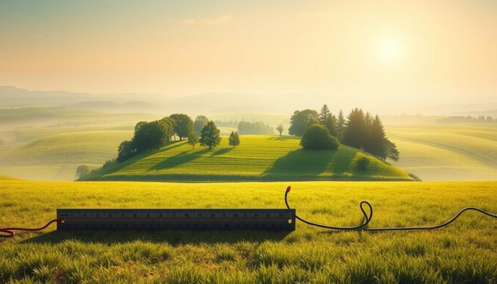 A sweeping landscape depicting the scope and scale of an acre of land. In the foreground, a detailed illustration of a ruler or measuring tool, casting a crisp shadow across the ground. The middle ground showcases a vivid, photorealistic representation of an acre-sized plot, with lush green grass, towering trees, and a sense of depth and dimension. The background features a soft, hazy horizon, gently blending into a serene sky with warm, natural lighting. The overall composition conveys a clear understanding of the true size and proportions of an acre, inviting the viewer to fully grasp the magnitude of this fundamental land measurement. A sweeping landscape depicting the scope and scale of an acre of land. In the foreground, a detailed illustration of a ruler or measuring tool, casting a crisp shadow across the ground. The middle ground showcases a vivid, photorealistic representation of an acre-sized plot, with lush green grass, towering trees, and a sense of depth and dimension. The background features a soft, hazy horizon, gently blending into a serene sky with warm, natural lighting. The overall composition conveys a clear understanding of the true size and proportions of an acre, inviting the viewer to fully grasp the magnitude of this fundamental land measurement.