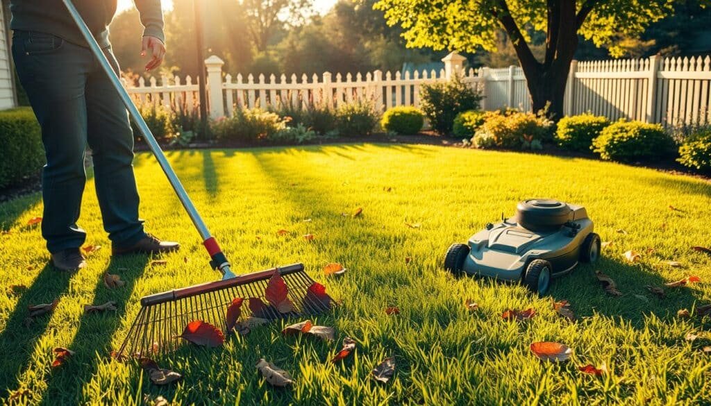 A verdant lawn bathed in warm, golden sunlight. In the foreground, a homeowner diligently rakes fallen leaves and debris, meticulously caring for the lush, recently mowed grass. In the middle ground, a high-powered lawn mower stands ready, its blades gleaming. In the background, a well-tended garden and a picturesque fence line frame the scene. The atmosphere is one of peaceful productivity, with the homeowner's focused attention on maintaining the lawn's healthy, vibrant appearance. The image conveys the importance of proper aftercare for a newly established lawn, ensuring its long-term vitality and aesthetic appeal. A verdant lawn bathed in warm, golden sunlight. In the foreground, a homeowner diligently rakes fallen leaves and debris, meticulously caring for the lush, recently mowed grass. In the middle ground, a high-powered lawn mower stands ready, its blades gleaming. In the background, a well-tended garden and a picturesque fence line frame the scene. The atmosphere is one of peaceful productivity, with the homeowner's focused attention on maintaining the lawn's healthy, vibrant appearance. The image conveys the importance of proper aftercare for a newly established lawn, ensuring its long-term vitality and aesthetic appeal.