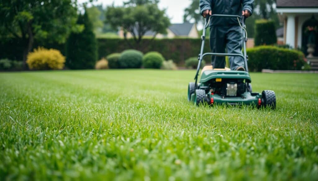 A verdant lawn glistening with droplets, a sturdy lawnmower navigating the damp terrain. In the foreground, a person in rain gear carefully pushes the mower, their face slightly obscured by the overcast sky. The middle ground showcases the even, freshly cut grass, while the background depicts a quaint suburban setting, trees and shrubs providing a natural backdrop. Soft, diffused lighting illuminates the scene, creating a calming, tranquil atmosphere. The composition emphasizes the practical challenges and techniques of mowing in wet conditions, inviting the viewer to consider the nuances of this task.