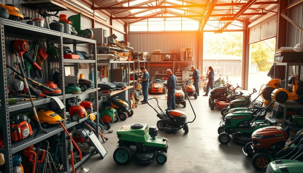 A well-equipped landscaping service workshop, bathed in warm natural light from large windows. In the foreground, an assortment of maintenance tools and equipment - lawnmowers, trimmers, blowers, and more - neatly organized on sturdy metal shelves. In the middle ground, a team of skilled technicians diligently inspecting and servicing various machines, ensuring optimal performance. The background reveals an outdoor yard area, where freshly maintained lawn mowers and other gardening gear are displayed, ready for customer evaluation and selection. The overall scene conveys a sense of professionalism, attention to detail, and a commitment to providing reliable and comprehensive landscaping equipment service options. A well-equipped landscaping service workshop, bathed in warm natural light from large windows. In the foreground, an assortment of maintenance tools and equipment - lawnmowers, trimmers, blowers, and more - neatly organized on sturdy metal shelves. In the middle ground, a team of skilled technicians diligently inspecting and servicing various machines, ensuring optimal performance. The background reveals an outdoor yard area, where freshly maintained lawn mowers and other gardening gear are displayed, ready for customer evaluation and selection. The overall scene conveys a sense of professionalism, attention to detail, and a commitment to providing reliable and comprehensive landscaping equipment service options.