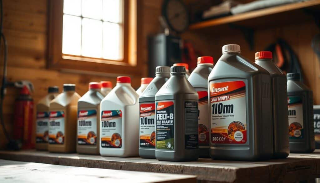 A well-lit close-up of various lawn mower oil containers arranged neatly on a clean, wooden workbench. The containers should showcase different volumes, brands, and grades of oil, highlighting the diversity of options available for lawn mower maintenance. The lighting should be warm and natural, casting subtle shadows to create depth and dimension. The camera angle should be slightly elevated, allowing the viewer to see the labels and measurements on the containers clearly. The overall mood should convey a sense of organization, expertise, and attention to detail, reflecting the informative nature of the article's section on oil capacity recommendations.