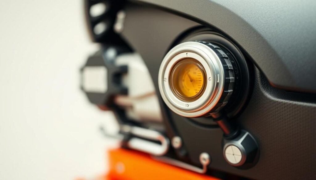 A well-lit, detailed close-up of a riding lawn mower's oil fill cap and dipstick, positioned against a clean, neutral background. The mower's engine and chassis should be visible, showcasing its mechanical components. Subtle highlights accentuate the oil fill cap's metallic finish, while the dipstick clearly displays the oil level. The overall composition should convey a sense of precision and attention to maintenance, reflecting the subject of optimal riding mower oil capacity and change intervals. A well-lit, detailed close-up of a riding lawn mower's oil fill cap and dipstick, positioned against a clean, neutral background. The mower's engine and chassis should be visible, showcasing its mechanical components. Subtle highlights accentuate the oil fill cap's metallic finish, while the dipstick clearly displays the oil level. The overall composition should convey a sense of precision and attention to maintenance, reflecting the subject of optimal riding mower oil capacity and change intervals.