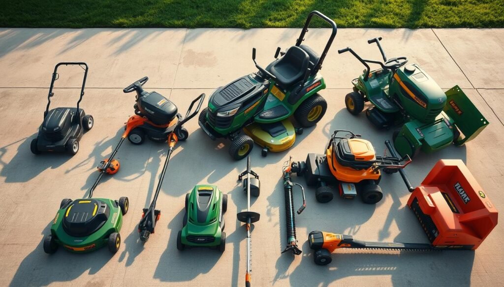 A well-lit, high-angle shot of an assortment of landscaping equipment suitable for different property sizes. In the foreground, a sleek battery-powered lawn mower, a compact string trimmer, and a lightweight hedge trimmer. In the middle ground, a robust push mower and a mid-sized riding mower. In the background, a large commercial-grade zero-turn mower and a heavy-duty chipper shredder. The tools are arranged neatly on a smooth concrete surface, showcasing their ergonomic designs and varied capabilities. The lighting creates warm, natural shadows that enhance the textures and details of the equipment, conveying a sense of quality and professionalism.