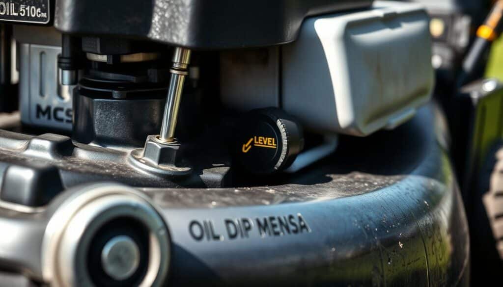 A well-lit, high-quality photograph of a lawn mower engine with the oil dipstick pulled out, allowing the oil level to be clearly visible. The engine is positioned at a slight angle, showcasing the oil dipstick and the surrounding components in sharp detail. The background is blurred, putting the focus entirely on the engine and the oil measurement task. The lighting is natural, with soft shadows and highlights that enhance the depth and texture of the engine's metal surfaces. The image conveys a sense of technical precision and attention to detail, suitable for an article on proper lawn mower maintenance.