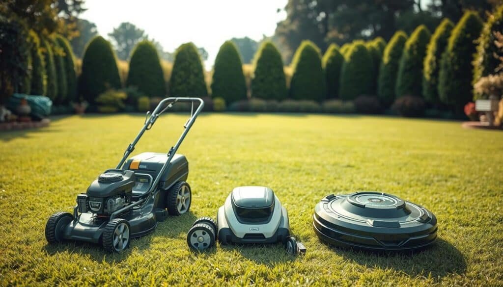 A well-lit, high-resolution comparison of a gas-powered, an electric, and a robotic lawn mower, neatly arranged in the foreground. The gas mower is sturdy and powerful, the electric model sleek and modern, and the robotic unit compact and automated. The middle ground showcases their various features, such as cutting deck size, motor specifications, and battery capacity. In the background, a lush, meticulously manicured lawn serves as the perfect backdrop, emphasizing the mowers' capabilities. The scene conveys a sense of efficiency, innovation, and the evolving landscape of lawn care technology. A well-lit, high-resolution comparison of a gas-powered, an electric, and a robotic lawn mower, neatly arranged in the foreground. The gas mower is sturdy and powerful, the electric model sleek and modern, and the robotic unit compact and automated. The middle ground showcases their various features, such as cutting deck size, motor specifications, and battery capacity. In the background, a lush, meticulously manicured lawn serves as the perfect backdrop, emphasizing the mowers' capabilities. The scene conveys a sense of efficiency, innovation, and the evolving landscape of lawn care technology.