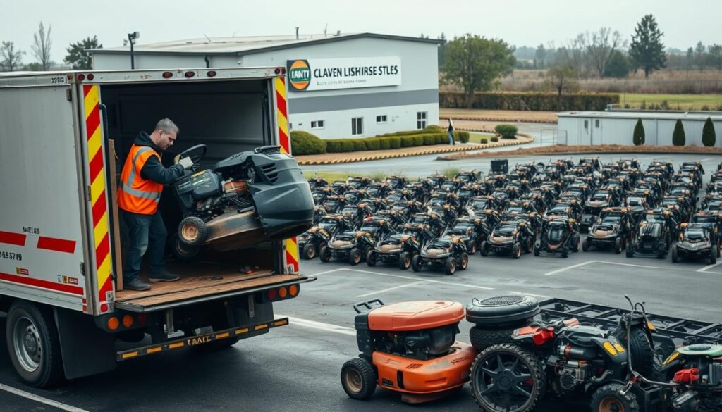 A well-lit, high-resolution image of a professional lawn mower disposal service facility. In the foreground, a worker in a safety vest and gloves carefully loading an old, dilapidated lawn mower onto a specialized disposal truck. In the middle ground, rows of neatly stacked, disassembled lawn mower parts and components awaiting proper recycling. In the background, the facility's signage and landscaping, conveying a sense of order and environmental responsibility. The image should have a clean, industrial aesthetic with muted tones, emphasizing the professional nature of the service. A well-lit, high-resolution image of a professional lawn mower disposal service facility. In the foreground, a worker in a safety vest and gloves carefully loading an old, dilapidated lawn mower onto a specialized disposal truck. In the middle ground, rows of neatly stacked, disassembled lawn mower parts and components awaiting proper recycling. In the background, the facility's signage and landscaping, conveying a sense of order and environmental responsibility. The image should have a clean, industrial aesthetic with muted tones, emphasizing the professional nature of the service.