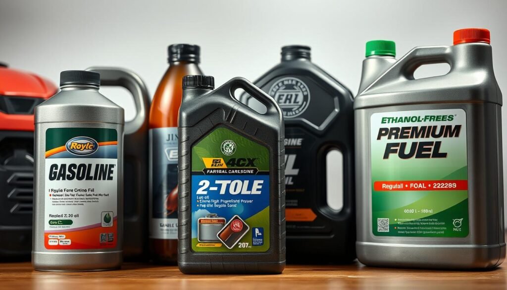 A well-lit, high-resolution image of various fuel containers for lawn mowers, including a can of regular gasoline, a bottle of 2-stroke oil, and a container of ethanol-free premium fuel. The containers are arranged in a visually appealing composition, with the regular gasoline can prominently displayed in the foreground. The image should convey a sense of authority and expertise, highlighting the different fuel options available for lawn mowers and the importance of selecting the right fuel type for optimal performance and engine health. A well-lit, high-resolution image of various fuel containers for lawn mowers, including a can of regular gasoline, a bottle of 2-stroke oil, and a container of ethanol-free premium fuel. The containers are arranged in a visually appealing composition, with the regular gasoline can prominently displayed in the foreground. The image should convey a sense of authority and expertise, highlighting the different fuel options available for lawn mowers and the importance of selecting the right fuel type for optimal performance and engine health.