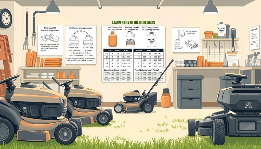 A well-lit, highly detailed illustration of lawn mower oil capacity guidelines. The foreground shows various lawn mower types with their oil tanks highlighted, displaying capacity ranges in clear, legible numbers. In the middle ground, diagrams and charts outline oil change intervals and recommended oil weights for different mower models. The background features a neutral, clean workspace setting with tools and supplies neatly arranged, conveying a sense of technical precision. The overall scene has a crisp, technical illustration style with a muted color palette, allowing the key information to stand out prominently. A well-lit, highly detailed illustration of lawn mower oil capacity guidelines. The foreground shows various lawn mower types with their oil tanks highlighted, displaying capacity ranges in clear, legible numbers. In the middle ground, diagrams and charts outline oil change intervals and recommended oil weights for different mower models. The background features a neutral, clean workspace setting with tools and supplies neatly arranged, conveying a sense of technical precision. The overall scene has a crisp, technical illustration style with a muted color palette, allowing the key information to stand out prominently.