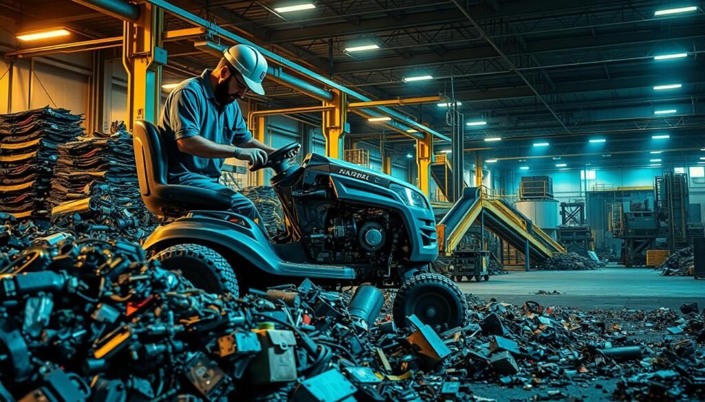 A well-lit industrial scene depicting the recycling process of an old lawn mower. In the foreground, a worker carefully disassembling the mower, exposing its internal components. Surrounding the worker, piles of salvaged parts and materials waiting to be repurposed or recycled. In the middle ground, industrial conveyor belts and sorting stations, where different mower components are separated and directed to their respective recycling streams. In the background, towering warehouses and storage facilities, hinting at the scale of this recycling operation. The lighting is a combination of warm overhead lighting and cool directional beams, casting dramatic shadows and highlights across the scene. The overall mood is one of efficient, environmentally-conscious waste management. A well-lit industrial scene depicting the recycling process of an old lawn mower. In the foreground, a worker carefully disassembling the mower, exposing its internal components. Surrounding the worker, piles of salvaged parts and materials waiting to be repurposed or recycled. In the middle ground, industrial conveyor belts and sorting stations, where different mower components are separated and directed to their respective recycling streams. In the background, towering warehouses and storage facilities, hinting at the scale of this recycling operation. The lighting is a combination of warm overhead lighting and cool directional beams, casting dramatic shadows and highlights across the scene. The overall mood is one of efficient, environmentally-conscious waste management.