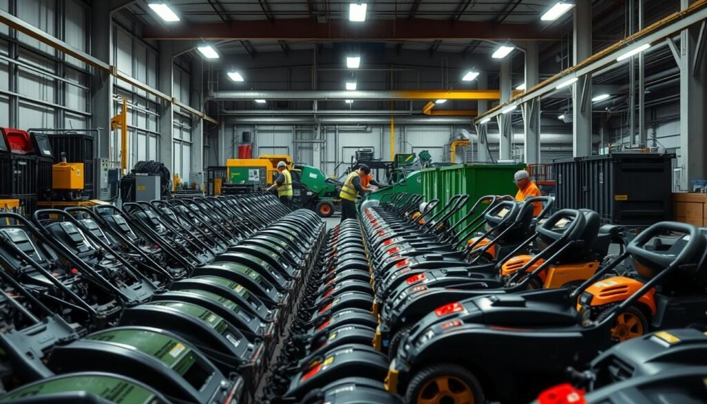 A well-lit, professional lawn mower disposal facility. In the foreground, a neatly arranged row of decommissioned lawn mowers awaiting responsible recycling. The middle ground features technicians in safety gear carefully disassembling and sorting the various components. In the background, an expansive, eco-friendly processing area with specialized machinery and storage containers. The scene conveys a sense of environmental responsibility, efficiency, and attention to detail in the lawn mower disposal process. A well-lit, professional lawn mower disposal facility. In the foreground, a neatly arranged row of decommissioned lawn mowers awaiting responsible recycling. The middle ground features technicians in safety gear carefully disassembling and sorting the various components. In the background, an expansive, eco-friendly processing area with specialized machinery and storage containers. The scene conveys a sense of environmental responsibility, efficiency, and attention to detail in the lawn mower disposal process.