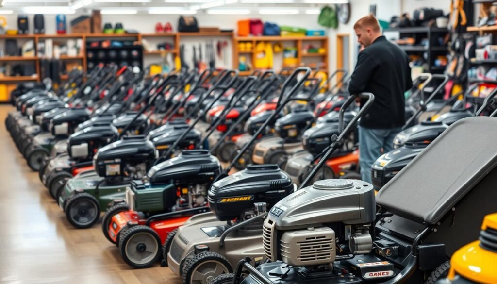 A well-lit showroom floor filled with a diverse array of gas-powered lawn mowers, their shiny metallic bodies and powerful engines on display. In the foreground, a customer examines a model, evaluating its features and capabilities. The middle ground showcases a variety of sizes and brands, while the background features shelves stocked with lawn care accessories and tools. The overall scene conveys a sense of availability, choice, and the ability to find the perfect gas lawn mower in California today.
