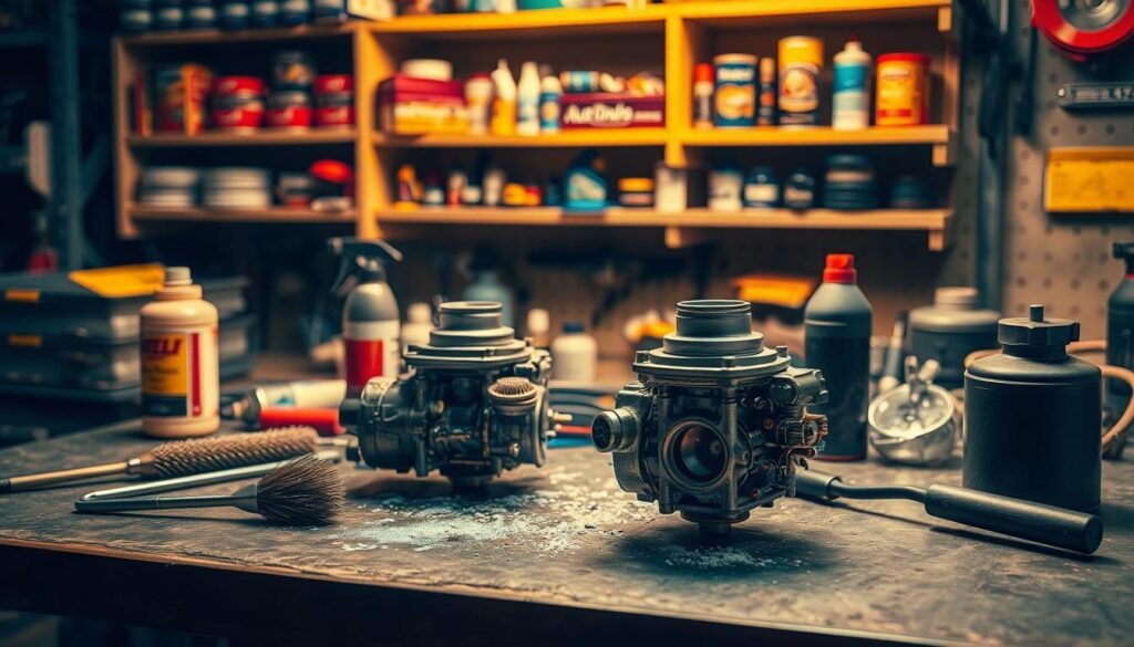 A well-lit workbench with a disassembled carburetor in the foreground, its components meticulously arranged for inspection. In the middle ground, a set of specialized tools, including a wire brush, cleaning solvent, and a compressed air canister, ready to tackle the grime and deposits. The background features shelves stocked with automotive supplies, casting a warm, amber glow over the scene, conveying a sense of expertise and professionalism. The overall atmosphere exudes a focus on precision and attention to detail, reflecting the care required for proper carburetor maintenance.