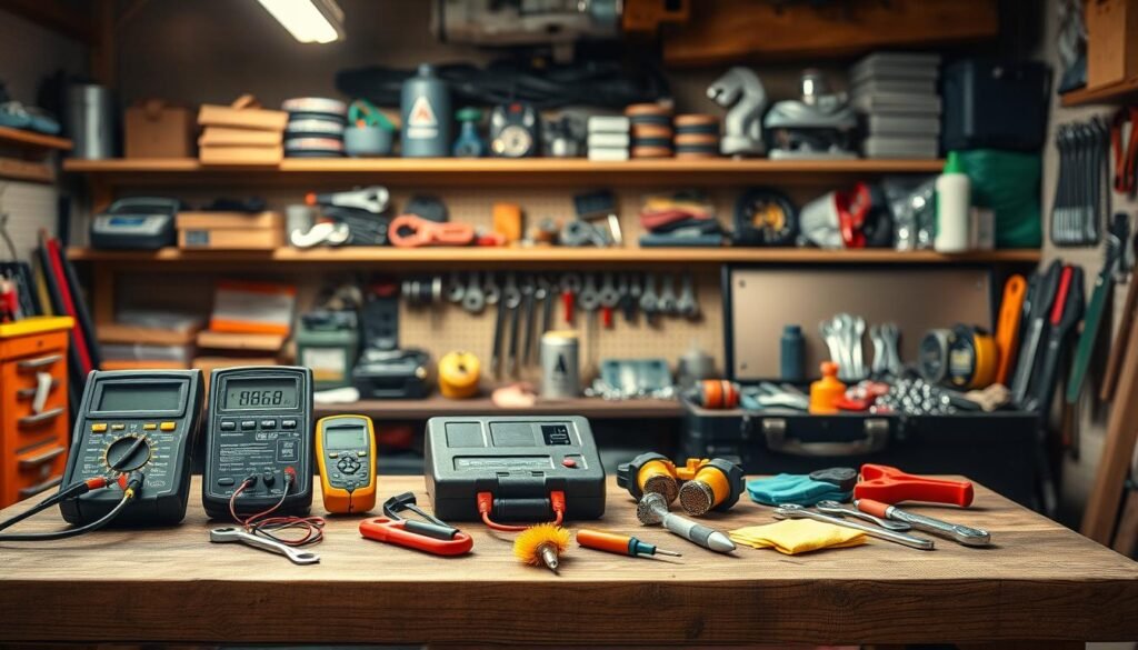 A well-lit workshop interior, with a wooden workbench in the foreground. On the workbench, a collection of battery maintenance tools and supplies, including a multimeter, battery charger, wire brushes, and cleaning cloths. In the middle ground, an open toolbox showcases various wrenches, screwdrivers, and pliers. The background features shelves stocked with neatly organized automotive parts and accessories, casting a warm, focused glow on the scene. The overall atmosphere conveys a sense of diligence, attention to detail, and the importance of proper battery care for optimal performance and longevity. A well-lit workshop interior, with a wooden workbench in the foreground. On the workbench, a collection of battery maintenance tools and supplies, including a multimeter, battery charger, wire brushes, and cleaning cloths. In the middle ground, an open toolbox showcases various wrenches, screwdrivers, and pliers. The background features shelves stocked with neatly organized automotive parts and accessories, casting a warm, focused glow on the scene. The overall atmosphere conveys a sense of diligence, attention to detail, and the importance of proper battery care for optimal performance and longevity.
