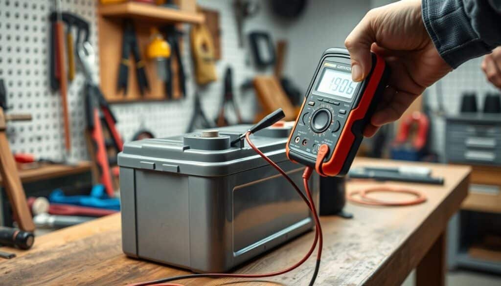 A well-lit workshop setting, with a workbench in the foreground. On the bench, a multimeter is held in the hand, its probes touching the terminals of a lawn mower battery. The battery rests on the bench, its silver-gray casing gleaming under the soft, diffused lighting. The multimeter's digital display shows the battery's voltage reading. The background is blurred, hinting at tools and other workshop equipment, creating a sense of focus on the task at hand. The composition is balanced, with the battery and multimeter taking up the central space, conveying a sense of careful, deliberate examination. A well-lit workshop setting, with a workbench in the foreground. On the bench, a multimeter is held in the hand, its probes touching the terminals of a lawn mower battery. The battery rests on the bench, its silver-gray casing gleaming under the soft, diffused lighting. The multimeter's digital display shows the battery's voltage reading. The background is blurred, hinting at tools and other workshop equipment, creating a sense of focus on the task at hand. The composition is balanced, with the battery and multimeter taking up the central space, conveying a sense of careful, deliberate examination.
