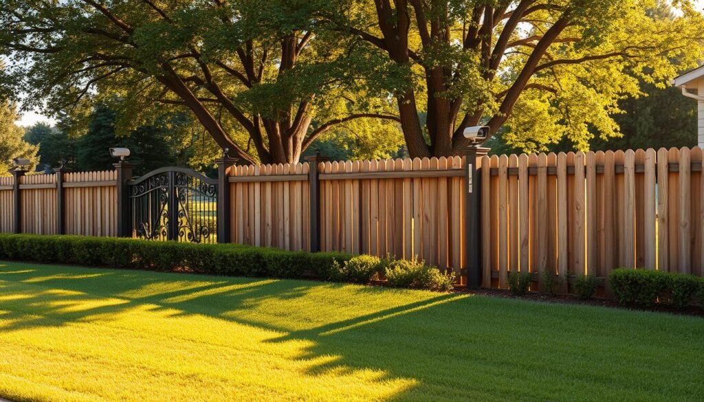 A well-manicured lawn with a neatly trimmed hedge along the property line. In the foreground, a sturdy wooden fence with decorative iron gates stands tall, casting shadows across the lush grass. Strategically placed surveillance cameras and motion-activated flood lights provide additional security measures, blending seamlessly into the natural landscape. The warm, golden sunlight filters through the leaves of mature trees in the background, creating a sense of tranquility and order. The overall scene conveys a visually appealing and proactive approach to property protection, deterring potential encroachment or trespassing. A well-manicured lawn with a neatly trimmed hedge along the property line. In the foreground, a sturdy wooden fence with decorative iron gates stands tall, casting shadows across the lush grass. Strategically placed surveillance cameras and motion-activated flood lights provide additional security measures, blending seamlessly into the natural landscape. The warm, golden sunlight filters through the leaves of mature trees in the background, creating a sense of tranquility and order. The overall scene conveys a visually appealing and proactive approach to property protection, deterring potential encroachment or trespassing.