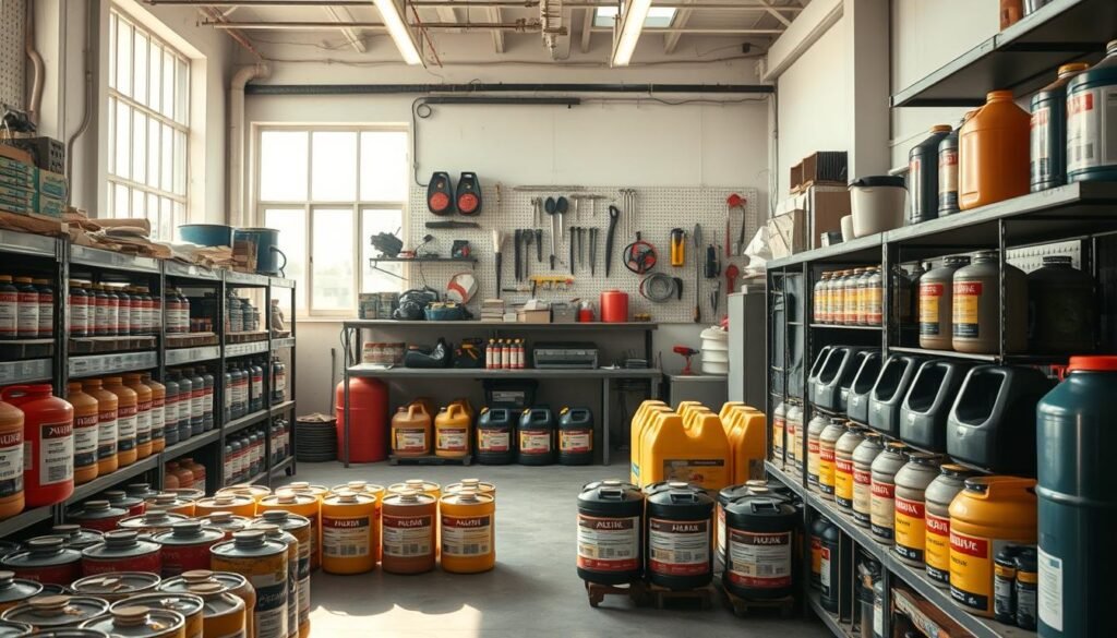 A well-organized, meticulously stocked fuel storage area in a bright, airy workshop. In the foreground, precisely labeled containers of various fuel types stand in neat rows on sturdy metal shelves. Midground, the room is illuminated by natural light filtering through large windows, casting a warm glow over the scene. In the background, the workshop appears organized and tidy, with a pegboard displaying an array of tools and accessories. The overall atmosphere conveys a sense of professionalism and attention to safety best practices for fuel management and storage.
