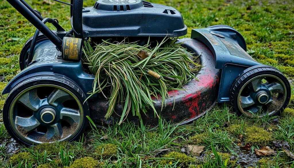 A well-used lawn mower, its blades caked with wet, clumped grass, sits abandoned on a damp, mossy lawn. The engine cover is open, revealing a tangle of grass fibers clogging the inner workings. Raindrops glisten on the metal surfaces, and a few stray blades of grass cling to the wheels. The scene conveys a sense of neglect, with the mower in need of attention after a recent rainstorm. The overall mood is one of a chore left unfinished, hinting at the challenges of mowing after wet conditions. A well-used lawn mower, its blades caked with wet, clumped grass, sits abandoned on a damp, mossy lawn. The engine cover is open, revealing a tangle of grass fibers clogging the inner workings. Raindrops glisten on the metal surfaces, and a few stray blades of grass cling to the wheels. The scene conveys a sense of neglect, with the mower in need of attention after a recent rainstorm. The overall mood is one of a chore left unfinished, hinting at the challenges of mowing after wet conditions.