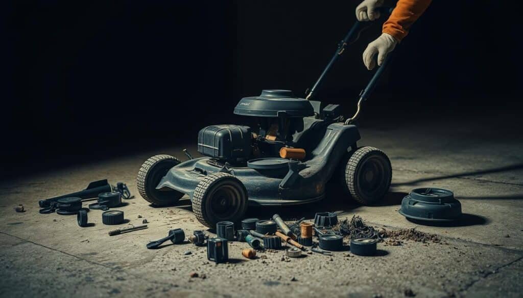 A worn, outdated lawn mower stands on a concrete surface, its components scattered around. In the foreground, a pair of gloved hands meticulously disassemble the machine, exposing its inner workings. The background is dimly lit, casting long shadows that convey a sense of finality. The scene is shot from a low angle, emphasizing the mower's bulky, unwieldy frame. The overall mood is one of quiet contemplation, as the owner prepares to bid farewell to a once-reliable tool. Warm, muted tones dominate the palette, lending an air of nostalgia to the image. A worn, outdated lawn mower stands on a concrete surface, its components scattered around. In the foreground, a pair of gloved hands meticulously disassemble the machine, exposing its inner workings. The background is dimly lit, casting long shadows that convey a sense of finality. The scene is shot from a low angle, emphasizing the mower's bulky, unwieldy frame. The overall mood is one of quiet contemplation, as the owner prepares to bid farewell to a once-reliable tool. Warm, muted tones dominate the palette, lending an air of nostalgia to the image.